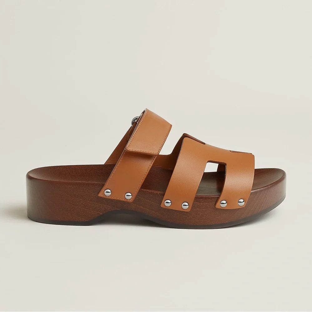 Hermes Women’s Kos - Leather Slide Sandals in Cognac